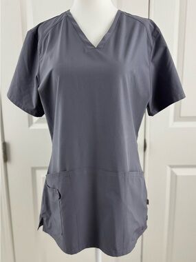 Smitten Gray Scrub Top Medium V Neck Medical Nurse Uniform Utility Pockets